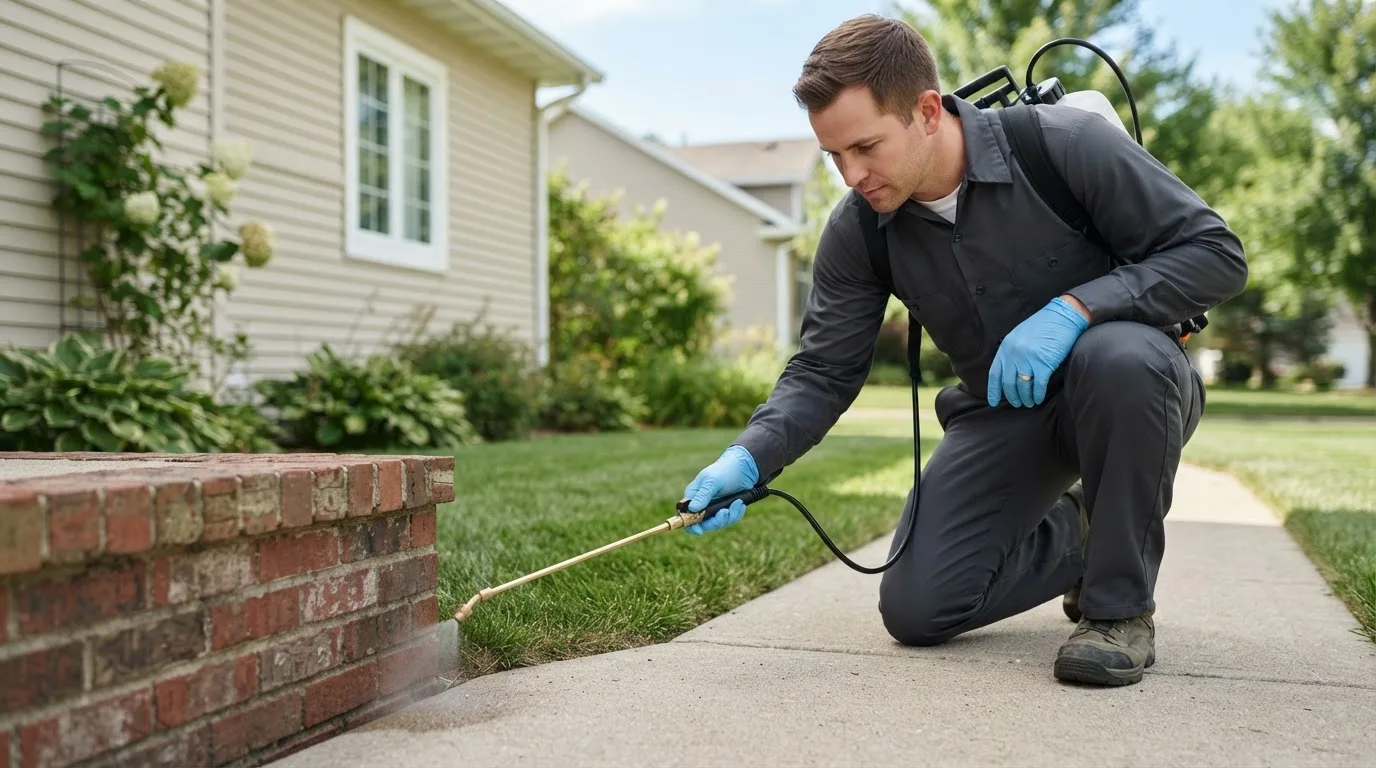 Pest control technician treating a home near Marion, ND