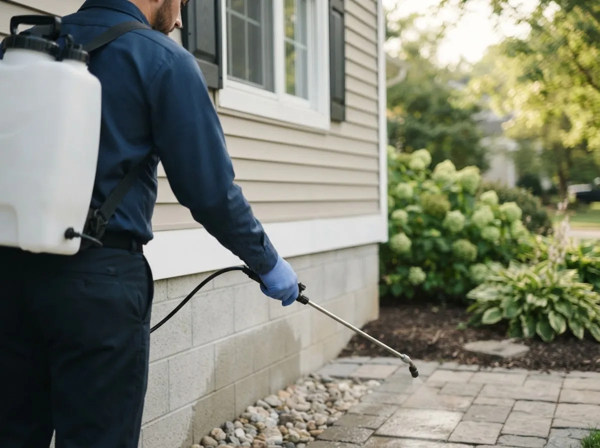 Pest control technician inspecting a home in Marion, ND